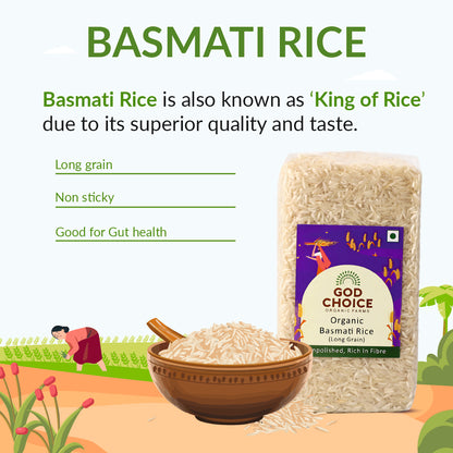 Basmati Rice (1KG) | Certified organic | Premium Quality | Long Grain | Non Sticky | Vacuum Packed